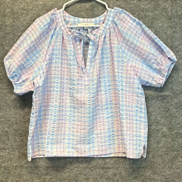 NWT LOFT Large Petite Blouse Puff Sleeve Gingham Pastel Blue Pink LP Tie Spring - Picture 4 of 16